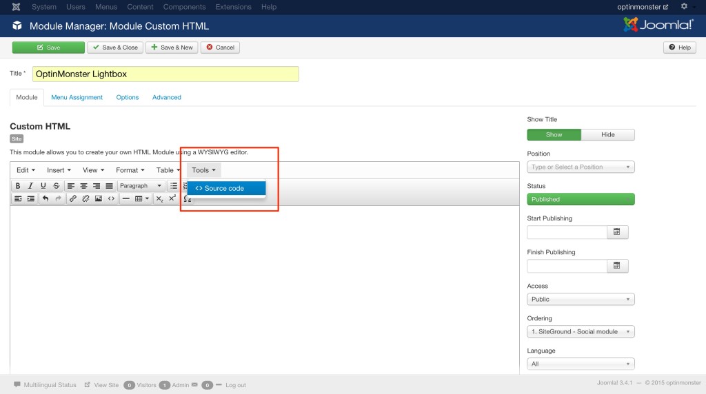 You'll want to add your embed code using the Source Code campaign when creating your Module in Joomla!