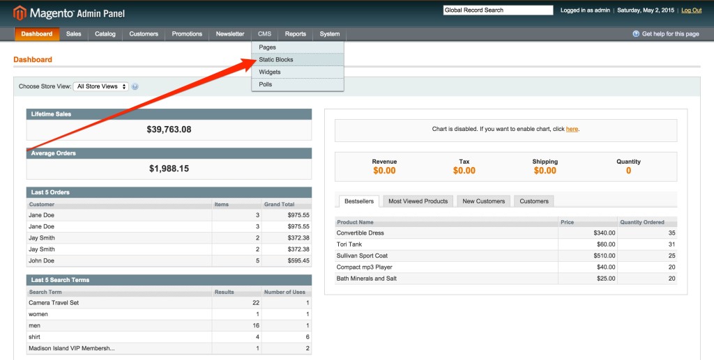 Navigate to the Static Blocks screen in your Magento admin to begin adding your campaign.