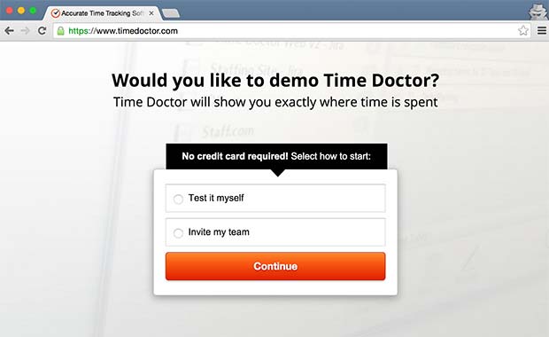TimeDoctor's landing page with nothing but a call to action