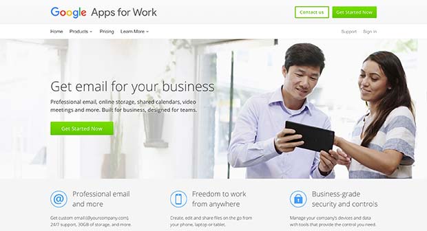 Google Apps for Work landing page featuring a high quality image next to a call of action