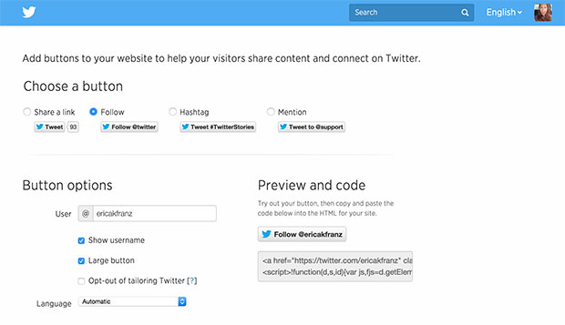 Twitter provides a generator for creating your Follow button quickly.