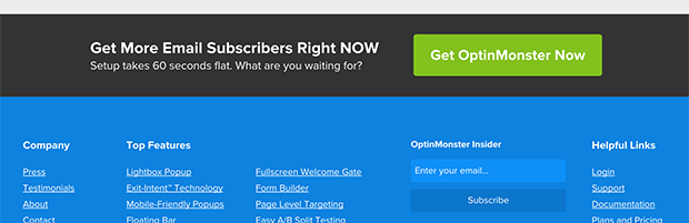 OptinMonster website screenshot. Near the top of the page, there is a bright green CTA button that says "Get OptinMonster Now." The green CTA is against a black background (very high contrast). Lower on the page, there is a "Subscribe" CTA. It is a darker blue on a lighter blue background (lower contrast) 