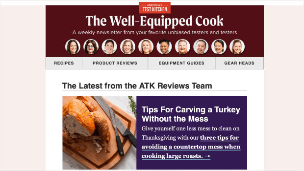 An email from The Well-Equipped Cook by America's Test Kitchen. It features a link to a post called "Tips for Carving a Turkey Without the Mess."