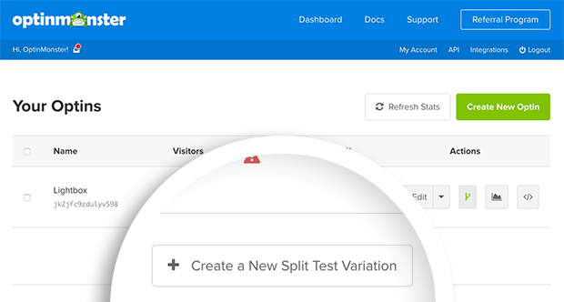 Select the Create a New Split Test Variation button to begin creating a split-test.
