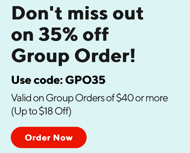 Mobile email from DoorDash. It says in large text "Don't miss out on 35% off Group Order!" Then there is a coupon code and a large red CTA button that says "Order Now."