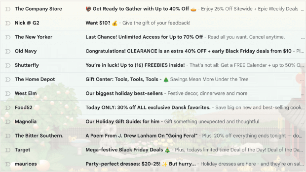 Screenshot of an email inbox, featuring subject lines of marketing emails from many different companies.