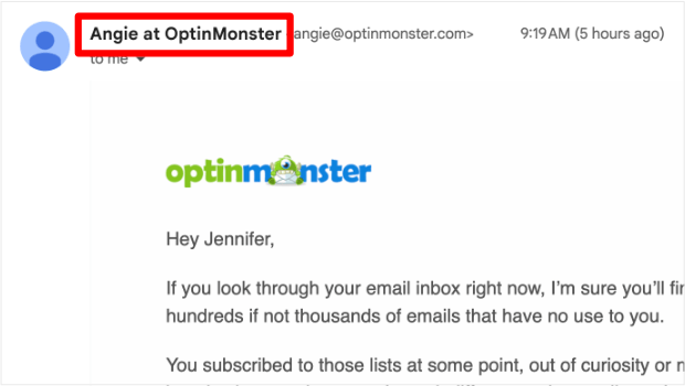 Marketing email from OptinMonster that has the sender name "Angie at OptinMonster"