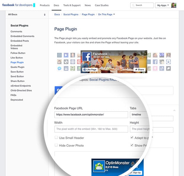 Enter your Facebook Page's details into the Page Plugin Generator fields.