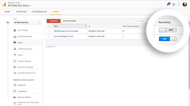 Enable Recording for your new Event Goal In Google Analytics.