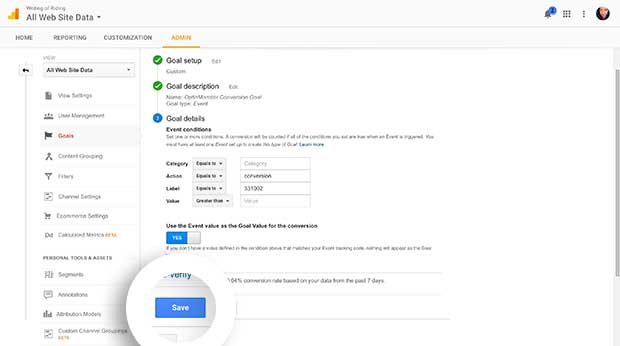 Once you've configured your Goal, select the Save button to finish the setup.