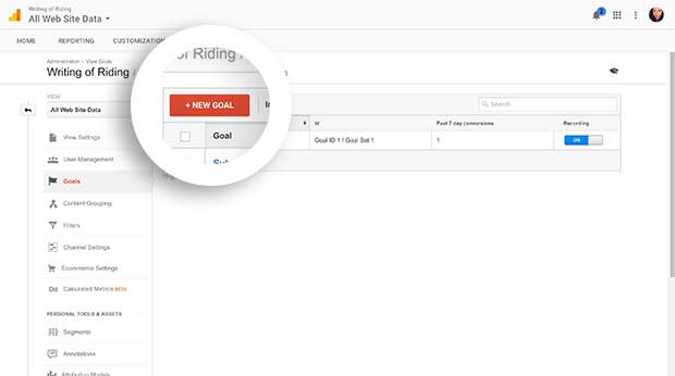 Select the New Goal button to create a new Google Analytics Goal.