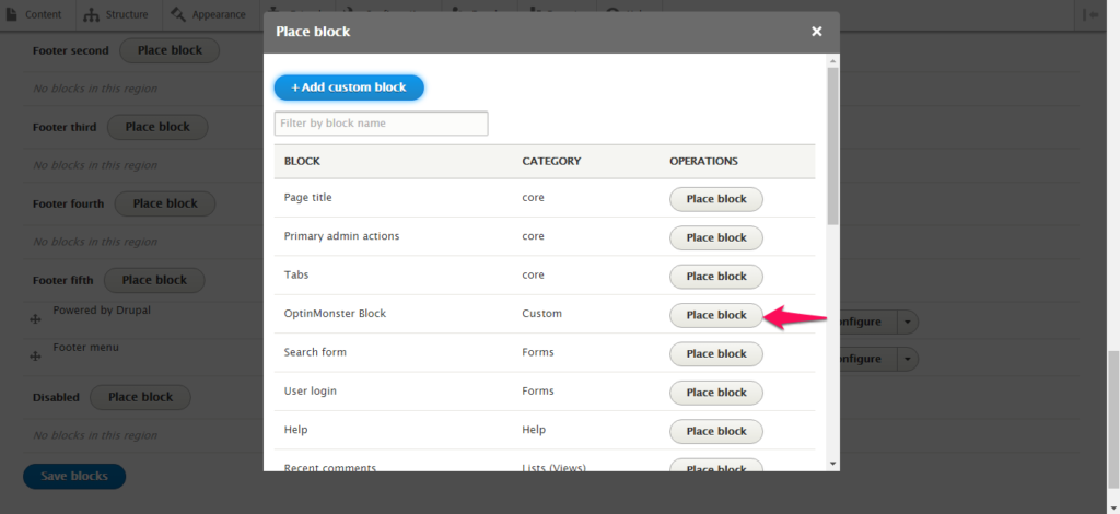 Click the grey Place Block button next to the custom block you previously created.