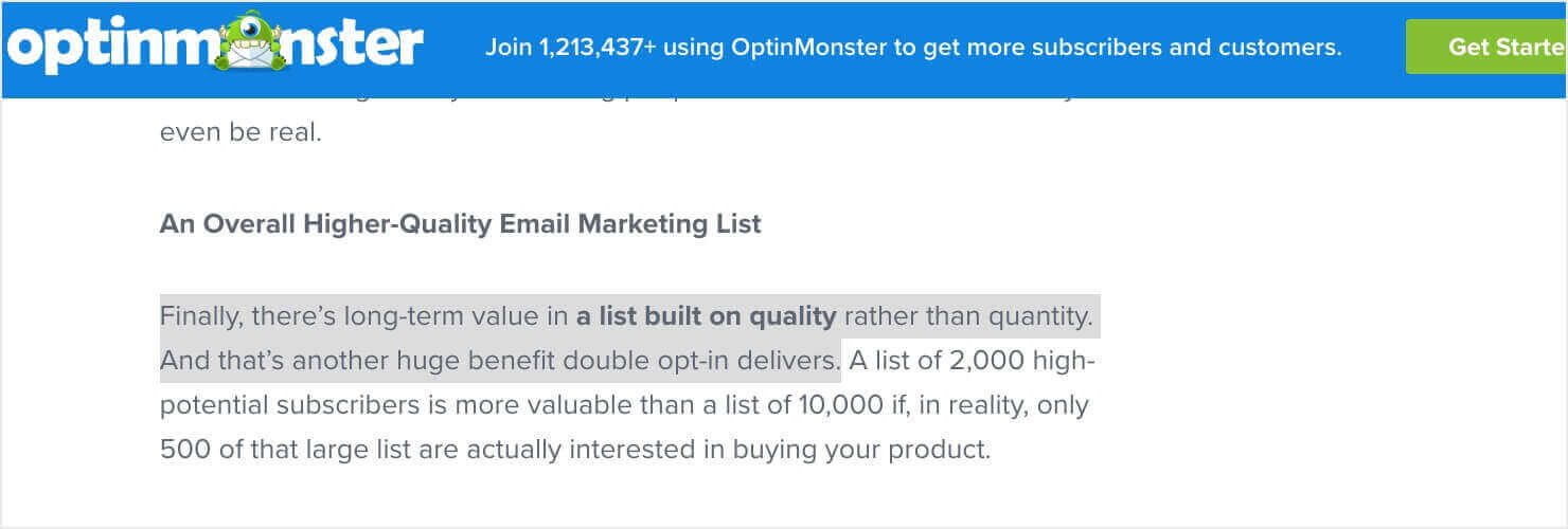 Screenshot of a blog post from OptinMonster. The text "Finally, there's long-term value in a list built on quality rather than quantity. And that's another huge benefit double opt-in delivers" has been highlighted to be copied.