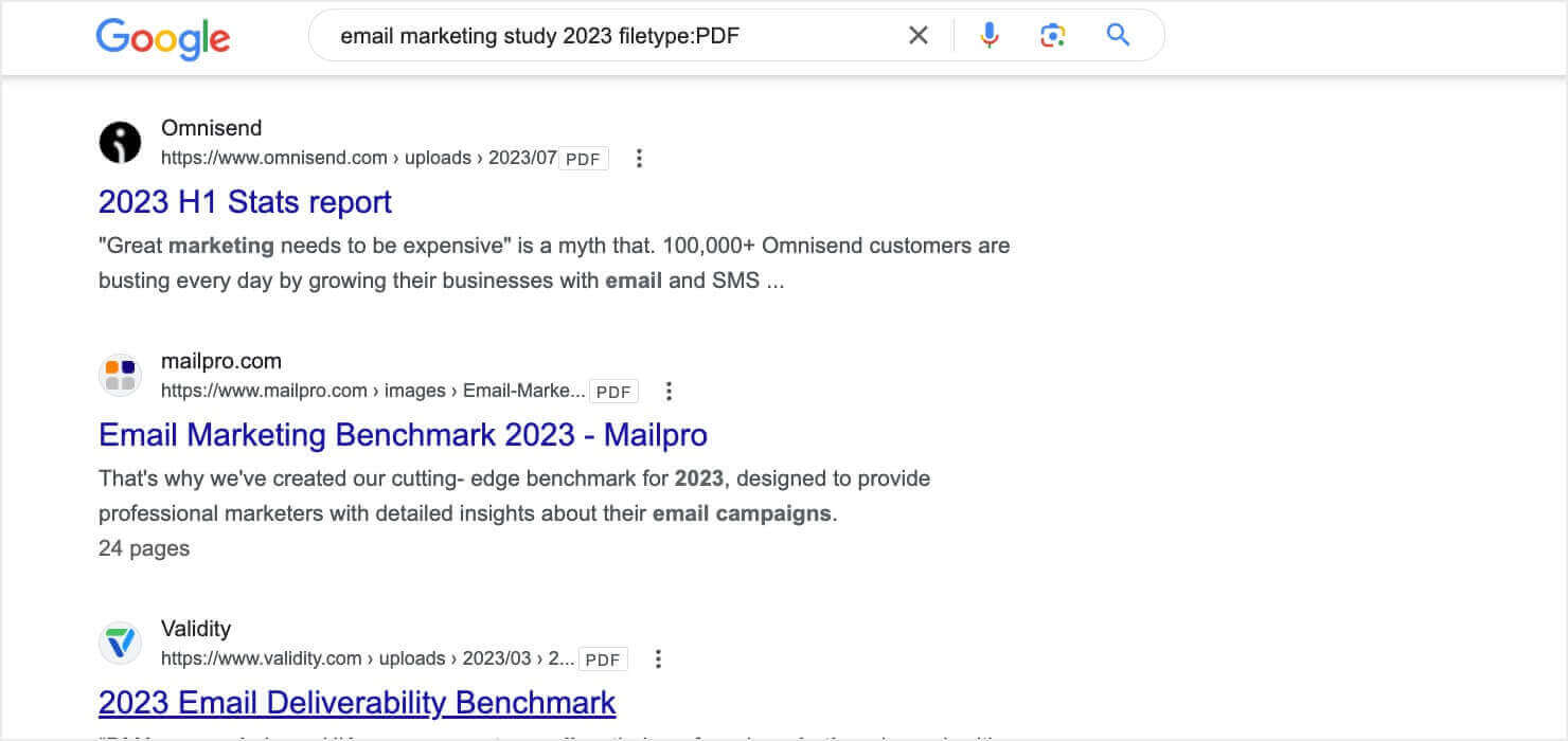 A Google search results page for the query "email marketing study 2023 filetype:PDF," with links to reports and studies on email marketing, such as Omnisen's "2023 H1 Stats report" and Mailpro's "Email Marketing Benchmark 2023."