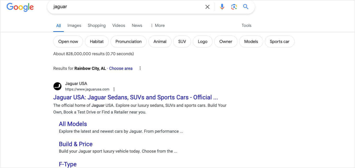 A Google search results page for "jaguar" without any search operators. The top result is a link to the official Jaguar USA (the car brand) website.