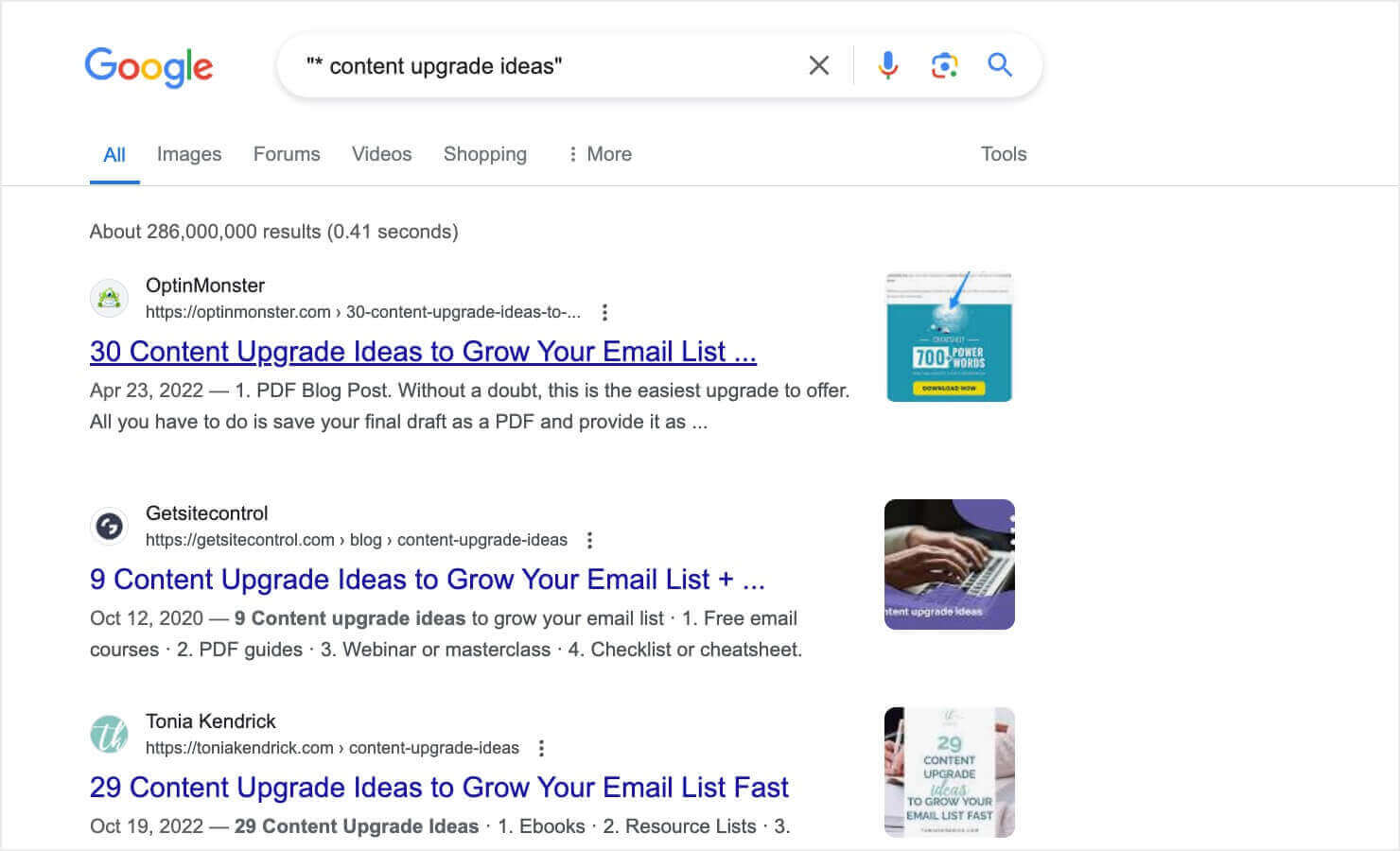 A Google search results page for the query "* content upgrade ideas" with an asterisk as wildcard search operator. Its shows results for various list-based blog posts that begin with "X Content Upgrade Ideas." 