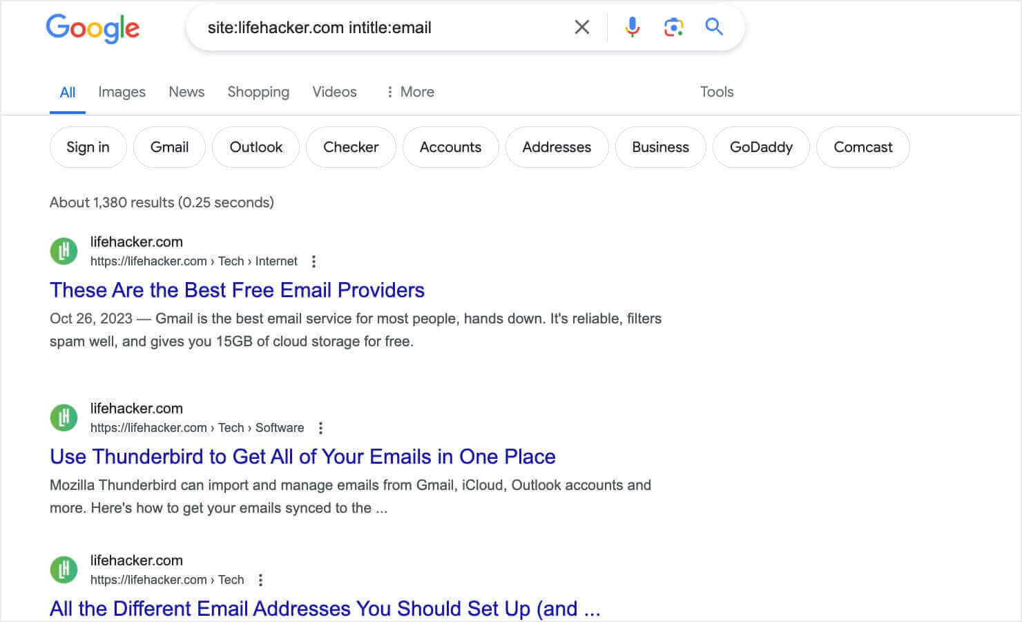 Screenshot of a Google search results page using the query 'site:lifehacker.com intitle:email'. The top 3 search results are Lifehacker articles titled "These Are the Best Free Email Providers," "Use Thunderbitd to Get All of Your Emails in One Place," and "All the Different Email Addresses You Should Set Up."