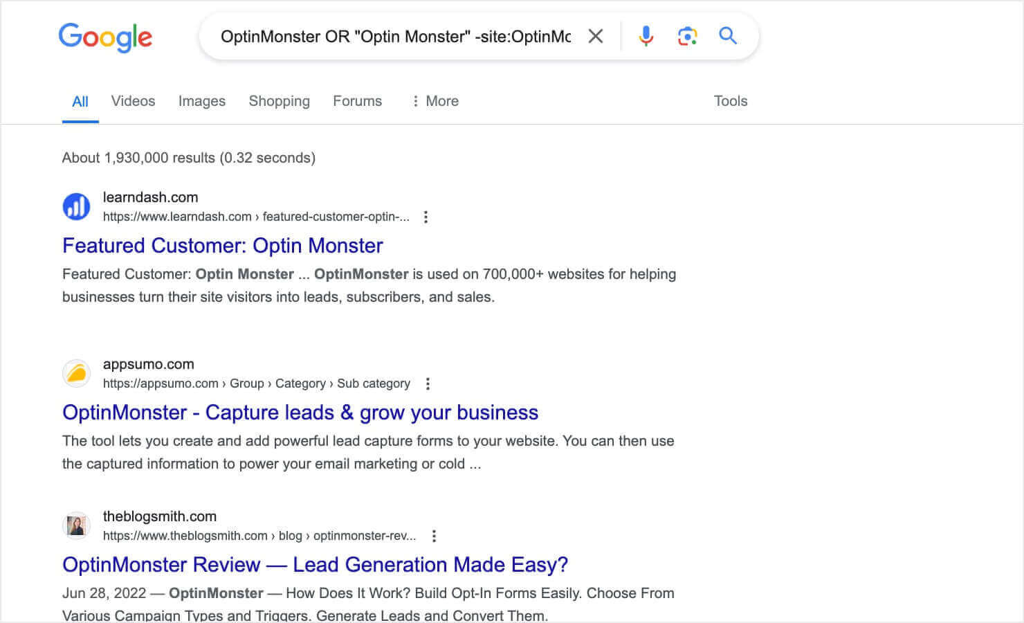 A Google search results page for the query that begins "OptinMonster OR 'Optin Monster." The results show various resources and articles about OptinMonster, including a featured customer case study from learndash.com