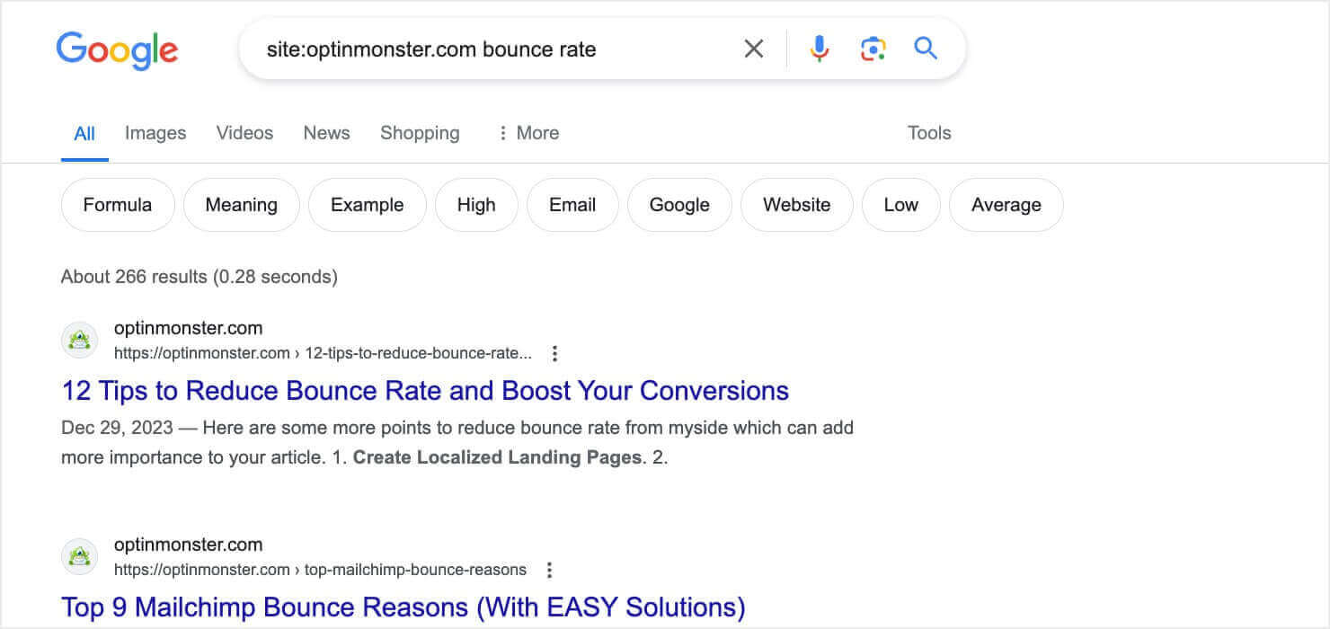 A Google search results page for "site:optinmonster.com bounce rate," showing various articles from OptinMonster on improving bounce rates and related email marketing strategies.