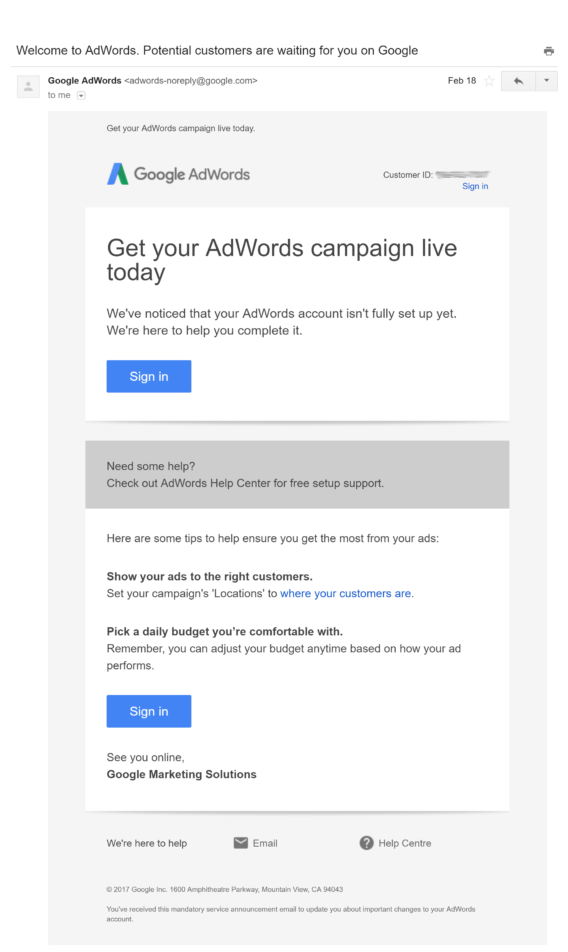 adwords welcome email