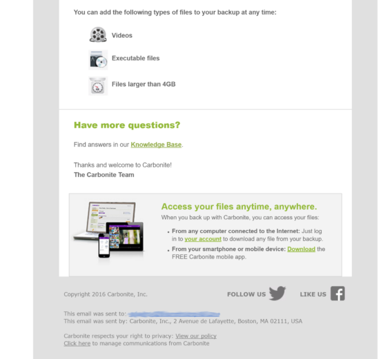 carbonite welcome email example