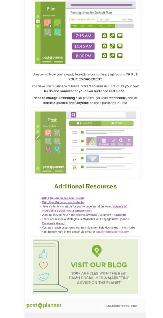 welcome email examples - postplanner
