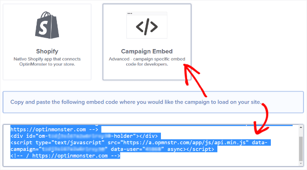 campaign-specific embed code optinmonster