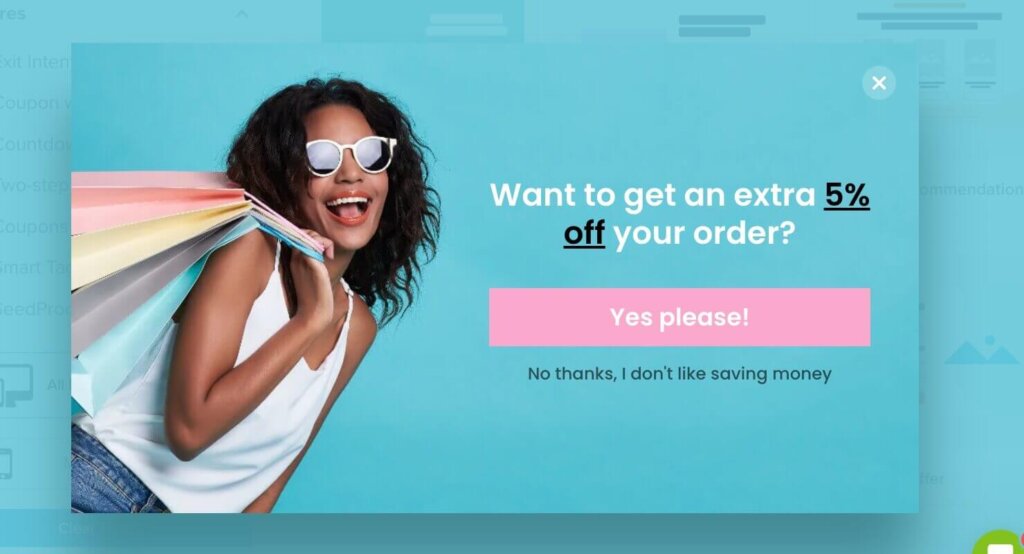 Popup made with OptinMonster with a photo of a woman holding shopping bags. "Want to get an extra 5% off your order?" CTA button says "Yes please!" and linked text below says "No thanks, I don't like saving money.