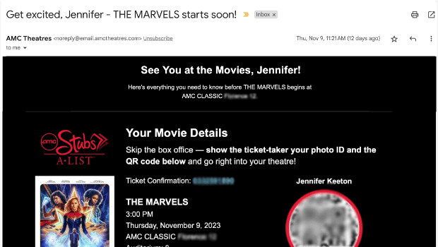 Email from AMC with information about the subscriber's ticket's for an upcoming screening of The Marvels.
