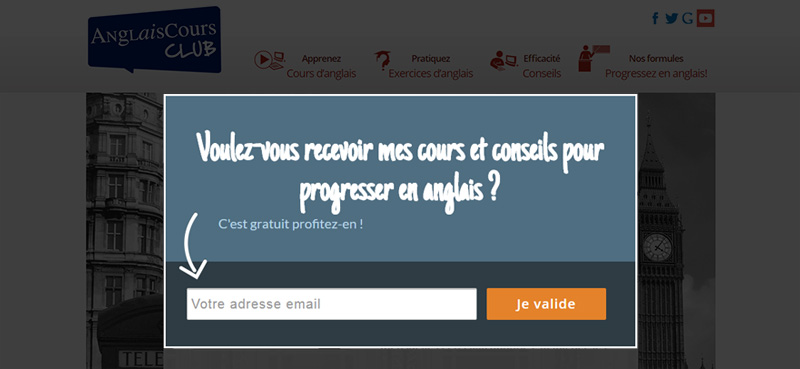 AnglaisCours uses an Exit-Intent optin to offer a content upgrade