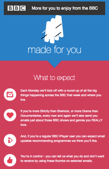 BBC has great welcome email marketing - they tell subscribers exactly what to expect