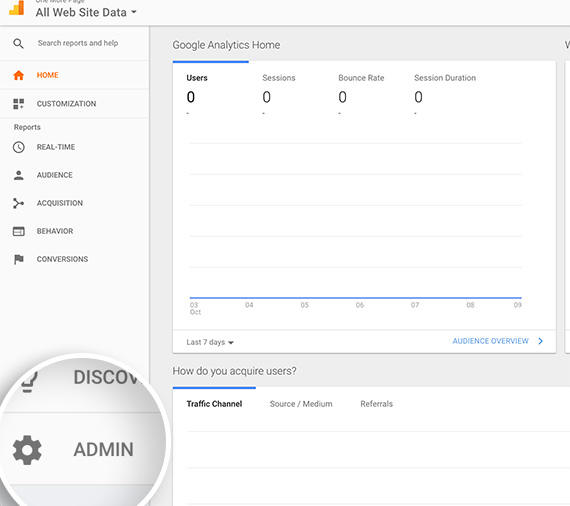 Navigate to the Admin of your Google Analytics account to begin creating an event goal.