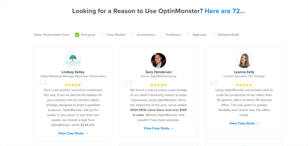 OptinMonster testimonial page. The testimonials can be filtered by type: Case Studies, eCommerce, Publishers, Agencies, or Software/SaaS