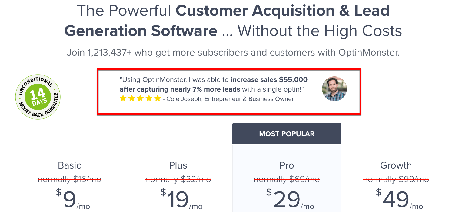 Client testimonial featured near the top of OptinMonster's pricing page.
