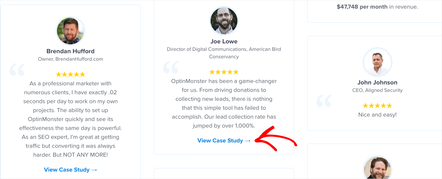 An OptinMonster customer testimonial with a hyperlink below that says "View Case Study"
