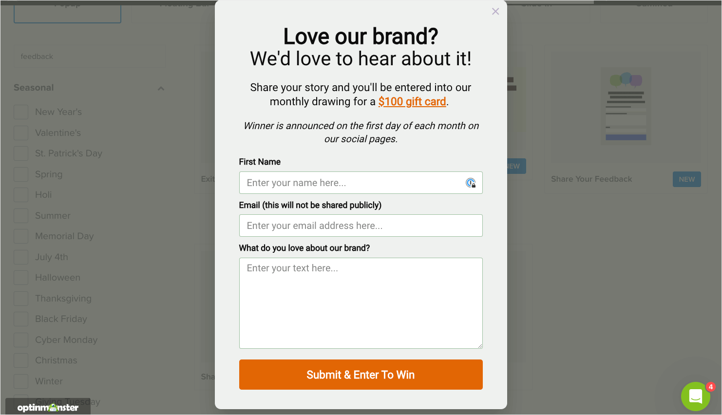 OptinMonster popup that includes fields for First Name, Email address, and a text area asking "What do you love about our brand."