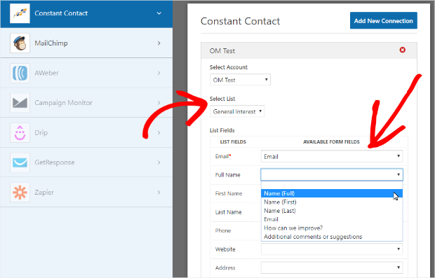 choose a list then match your form fields