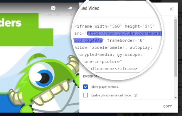 copy just the embed url for your video popup