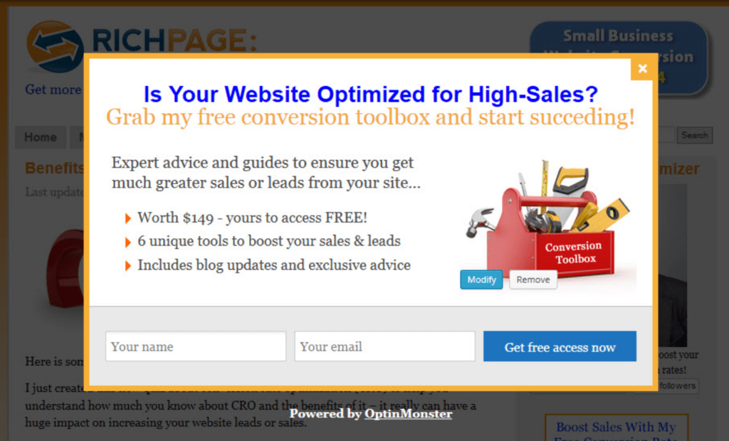 Popup with the heading "Is Your Website Optimized for High Sales?"