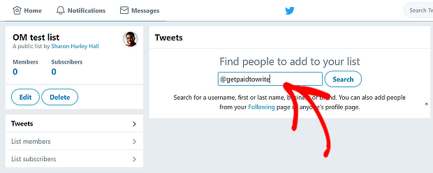 twitter add to list search