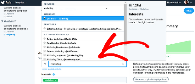twitter ads select interest areaas