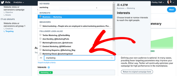 twitter ads selecione áreas de interesse