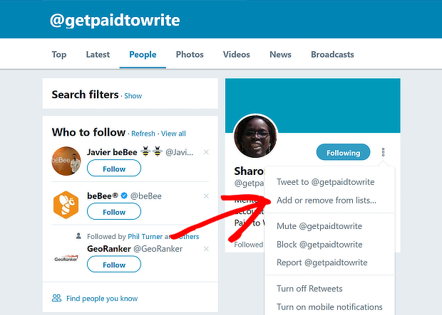 twitter select add to list from profile