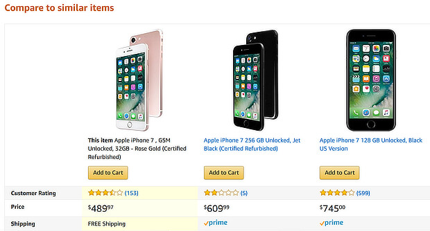 ecommerce upsell examples phone comparison