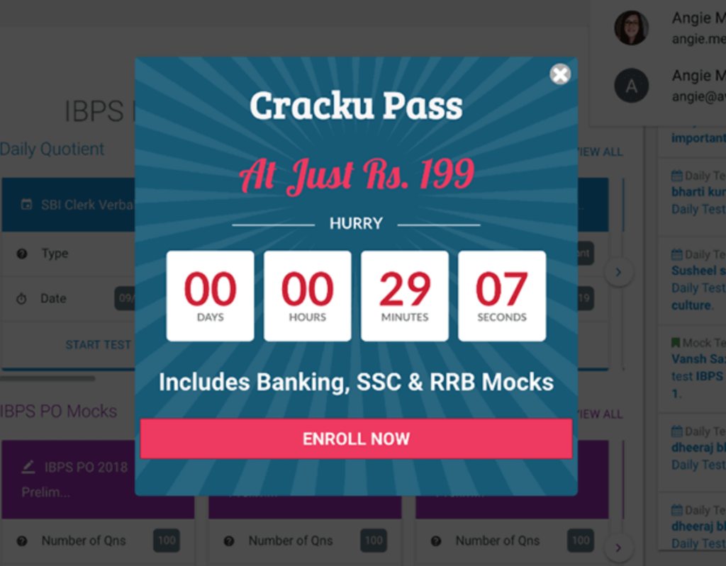 An OptinMonster popup created by Cracku. If offers a special deal on a Cracku pass and has a countdown timer until the deal runs out. The call-to-action button says "Enroll Now"