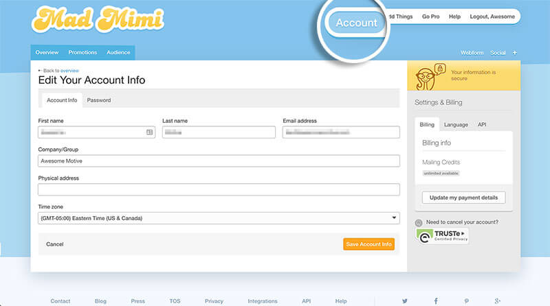 Click "Account" in your MadMimi dashboard