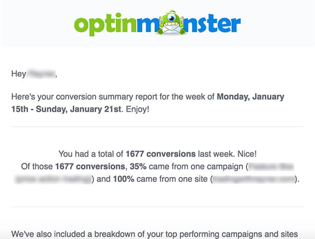 optinmonster weekly conversion summary report