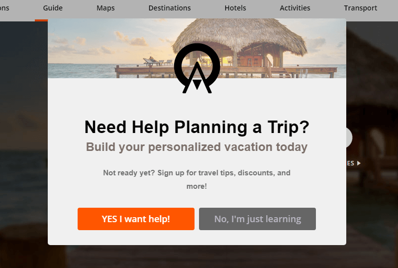 Travel agency marketing increases conversions with a yes no exit optin