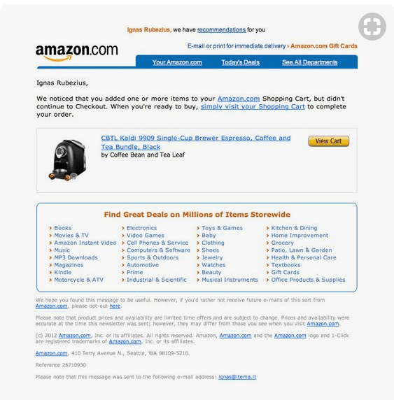 abandoned cart email examples - amazon