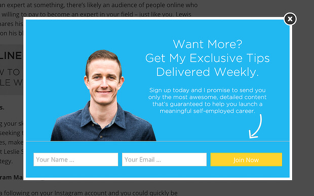 ryan robinson used an AWeber popup to boost conversions by 500%